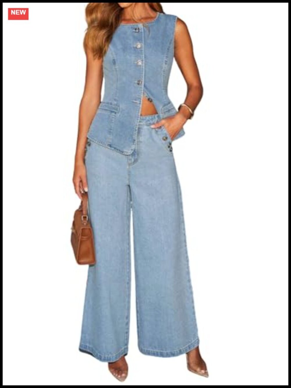 Women's 2-Piece Denim Vest Top & Wide Leg Pants Set